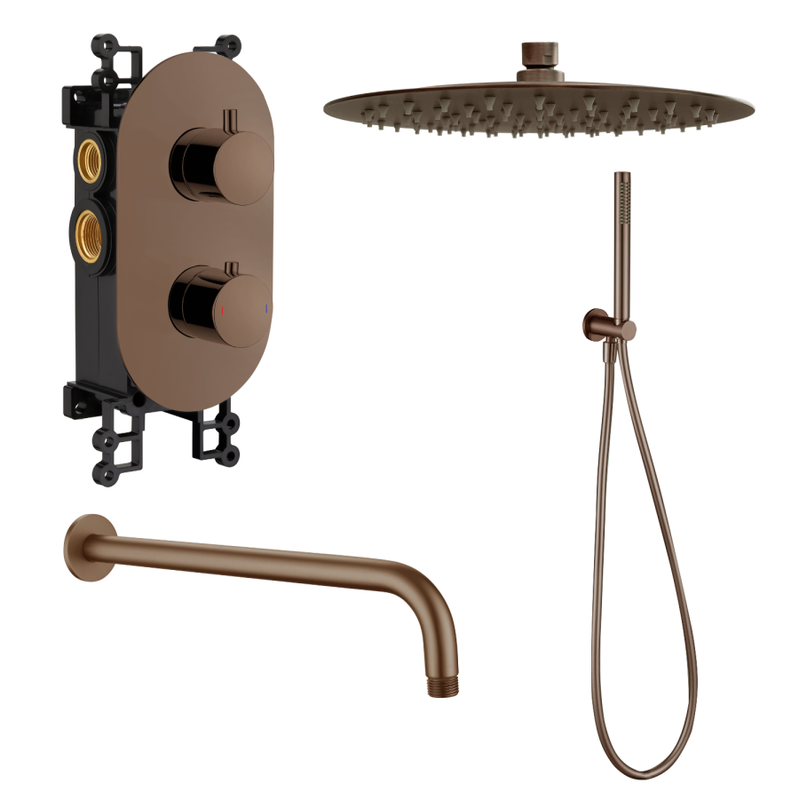 ONLY OPENED - Brushed Bronze 2 Outlet Wall Mounted Thermostatic Mixer Shower Set with Hand Shower - Arissa