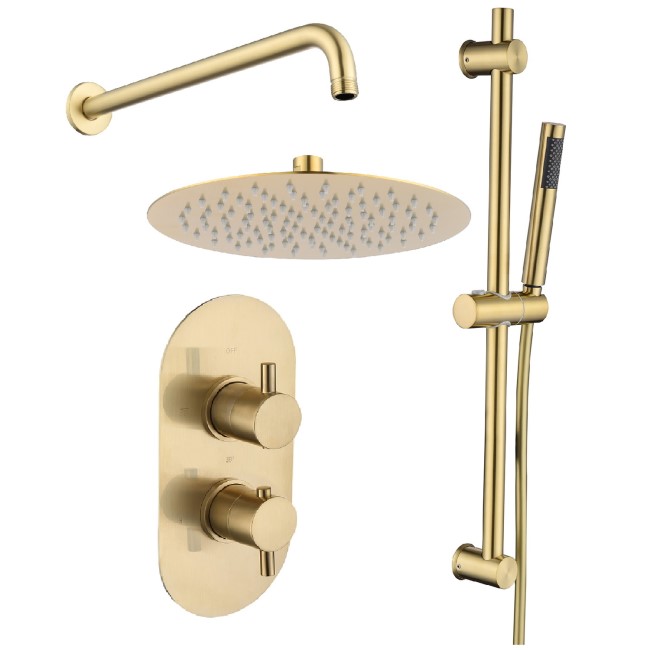 Brushed Brass Dual Outlet Wall Mounted Thermostatic Mixer Shower Set with Hand Shower - Arissa