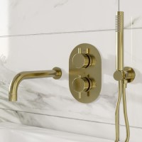 Brushed Brass 2 Outlet Thermostatic Bath Mixer Shower Set With Hand Shower and Bath Filler Spout - Arissa