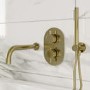 Brushed Brass 2 Outlet Thermostatic Bath Mixer Shower Set With Hand Shower and Bath Filler Spout - Arissa