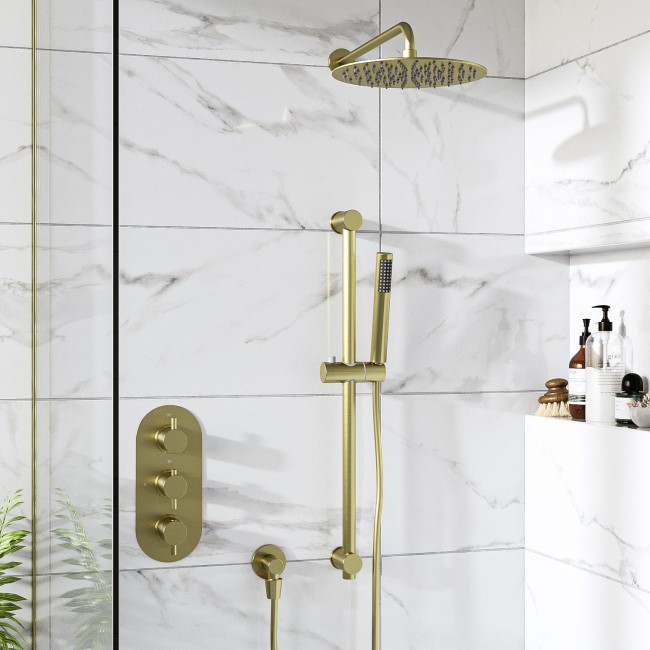 Grade A1 - Brushed Brass Dual Outlet Wall Mounted Thermostatic Mixer Shower with Hand Shower & Diverter - Arissa