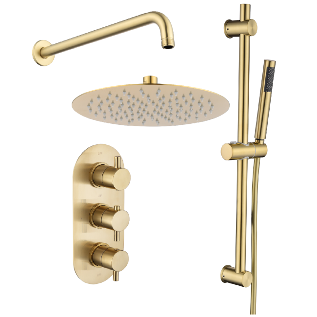 Grade A1 - Brushed Brass Dual Outlet Wall Mounted Thermostatic Mixer Shower with Hand Shower & Diverter - Arissa