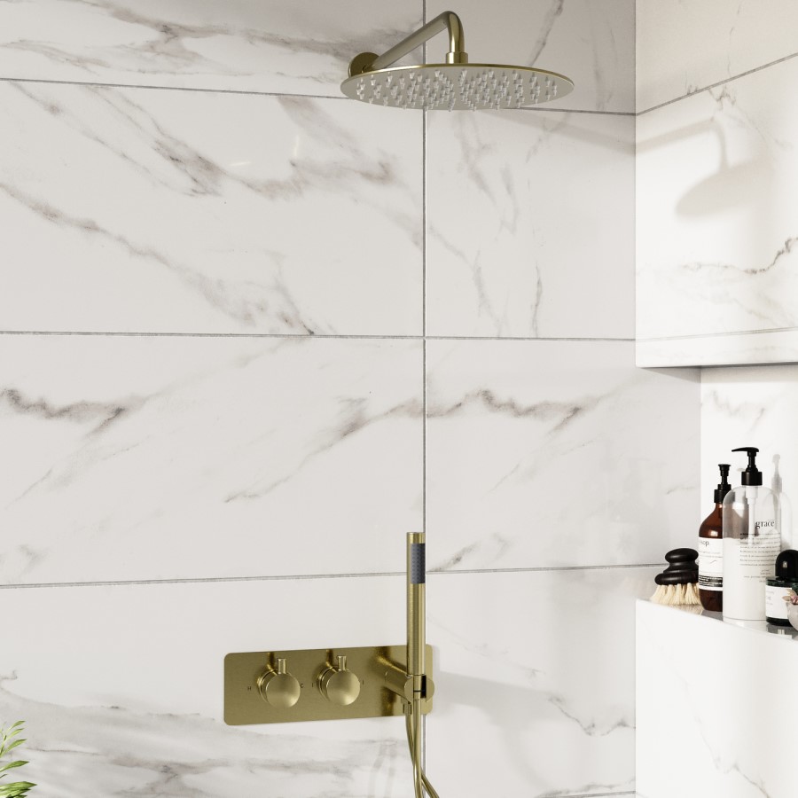 Brushed Brass 2 Outlet Thermostatic Mixer Shower Set With 250mm Wall Mounted Shower Head and Hand Shower - Arissa