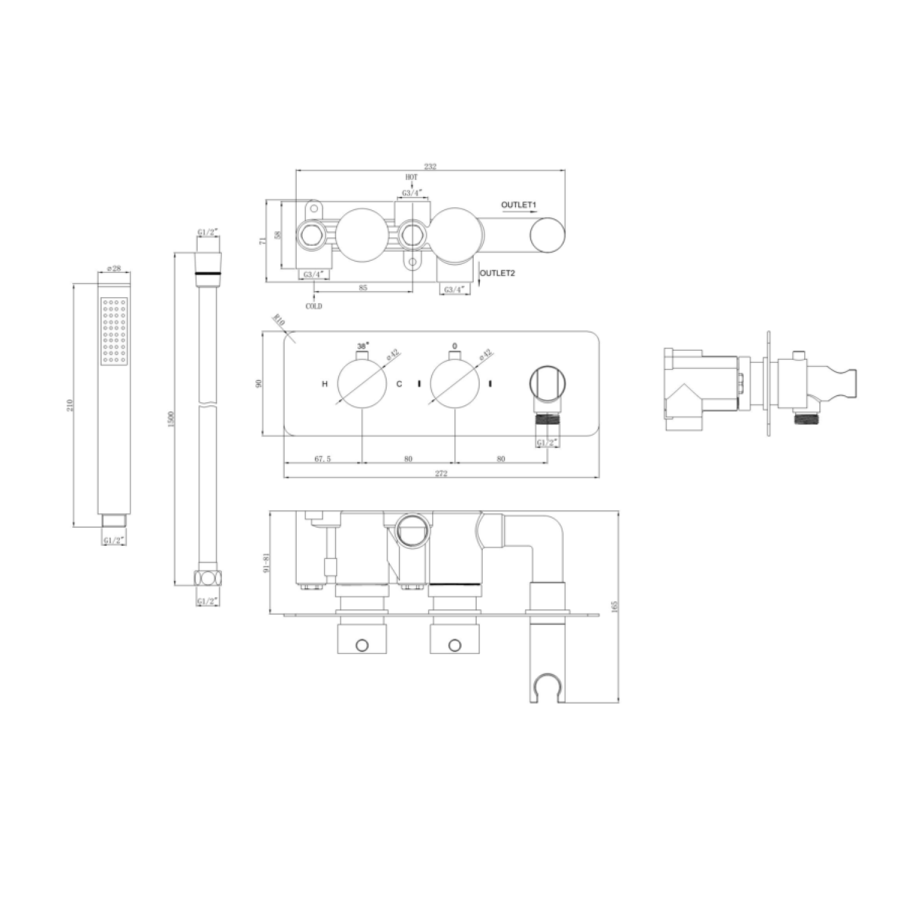 Brushed Brass 2 Outlet Thermostatic Mixer Shower Set with Overflow Bath Filler - Arissa