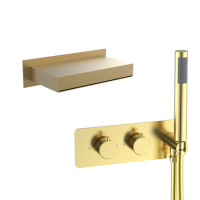 Brushed Brass 2 Outlet Thermostatic Bath Mixer Shower Set With Hand Shower & Square Bath Filler Spout - Zana