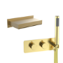 Brushed Brass 2 Outlet Thermostatic Bath Mixer Shower Set With Hand Shower & Square Bath Filler Spout - Zana