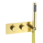 Brushed Brass 2 Outlet Thermostatic Bath Mixer Shower Set With Hand Shower & Square Bath Filler Spout - Zana