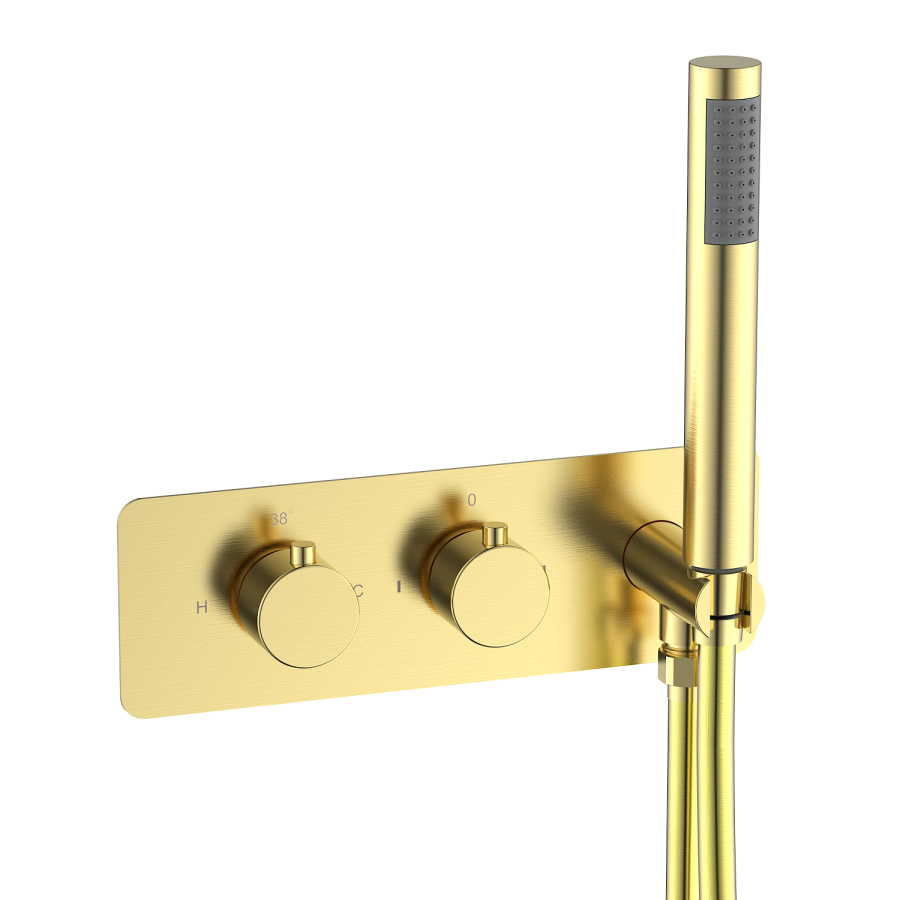Brushed Brass 2 Outlet Thermostatic Bath Mixer Shower Set With Hand Shower & Square Bath Filler Spout - Zana