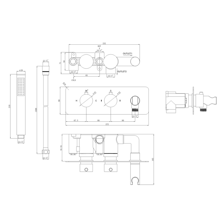 Brushed Brass 2 Outlet Thermostatic Bath Mixer Shower Set With Hand Shower & Square Bath Filler Spout - Zana