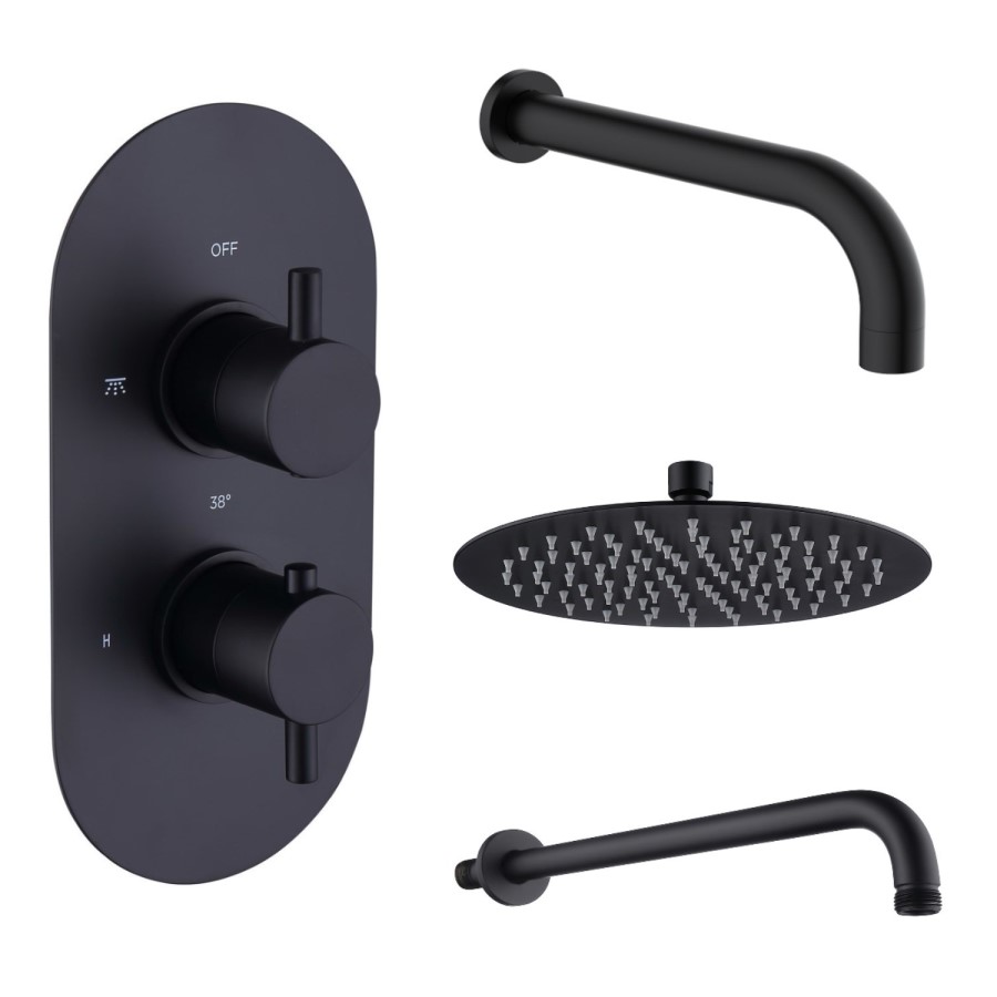 Black 2 Outlet Thermostatic Bath Mixer Shower Set With 250mm Wall Mounted Shower Head and Bath Filler Spout - Arissa