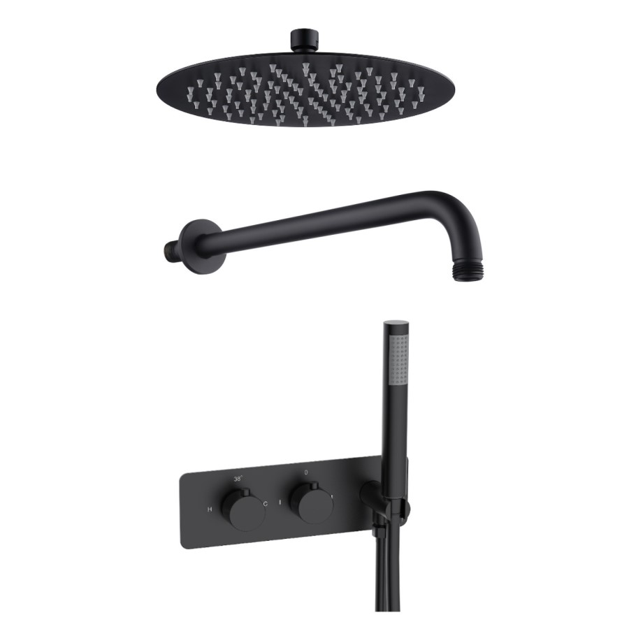 Black 2 Outlet Thermostatic Mixer Shower Set With 250mm Wall Mounted Shower Head and Hand Shower - Arissa