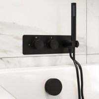Black 2 Outlet Thermostatic Mixer Shower Set with Overflow Bath Filler and Integrated Hand Shower - Arissa