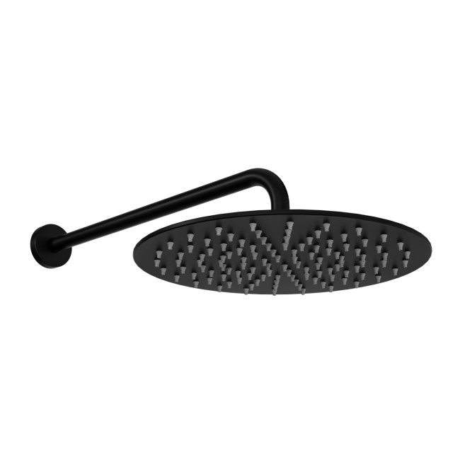 Black 250mm Slim Round Shower Head and Wall Arm - Arissa