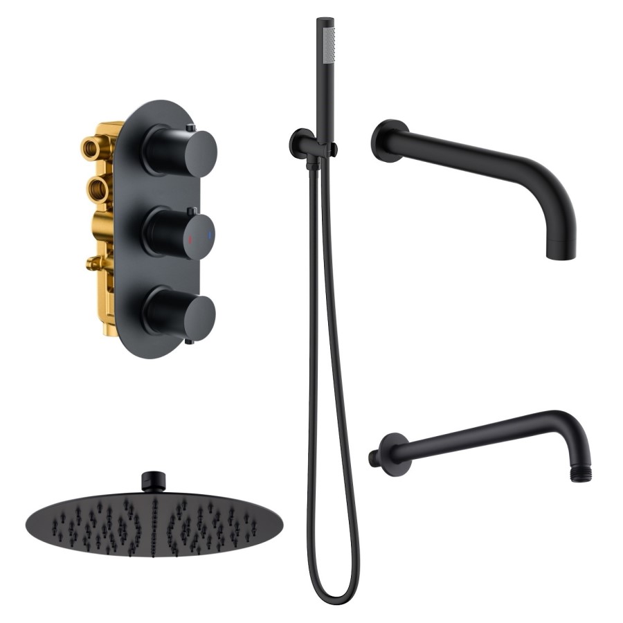 Matt Black Triple Outlet Wall Mounted Thermostatic Mixer Shower Set With Hand Shower and Bath Filler Spout - Arissa