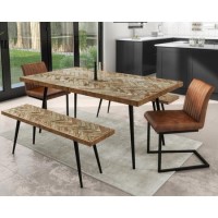 Herringbone Solid Wood Dining Table Set with 2 Dining Benches & 2 Tan Faux Leather Dining Chairs