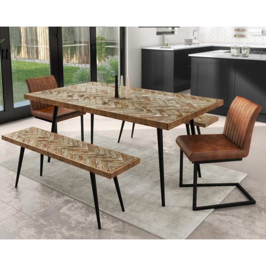 Herringbone Solid Wood Dining Table Set with 2 Dining Benches & 2 Tan Faux Leather Dining Chairs