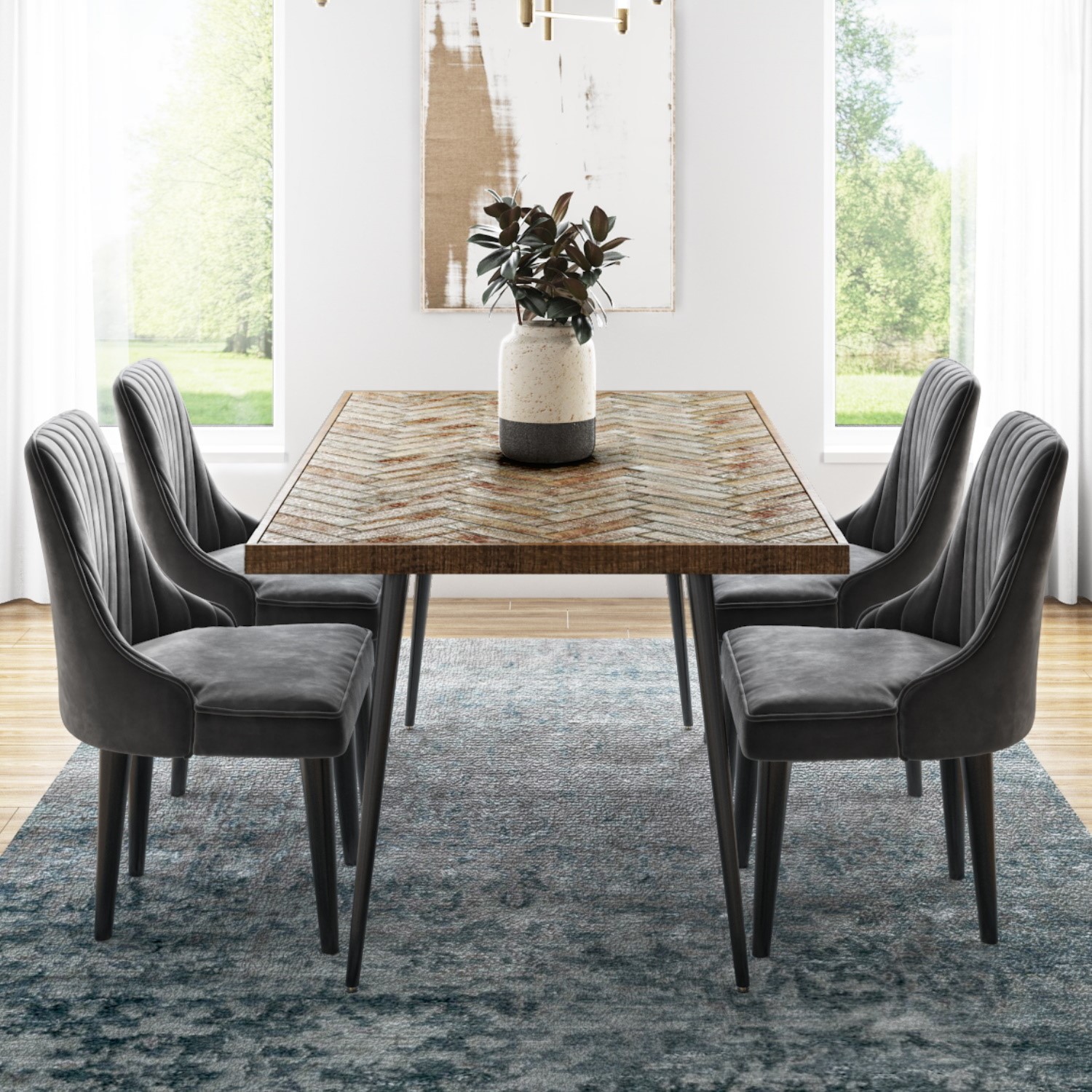 Herringbone Solid Wood Dining Table Set with 4 Grey Velvet Dining ...