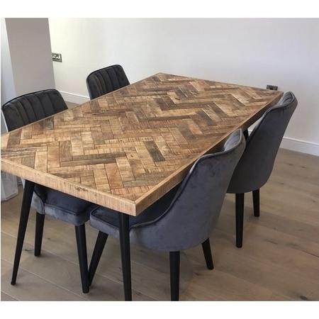 Herringbone Solid Wood Dining Table Set with 4 Grey Velvet Dining Chairs