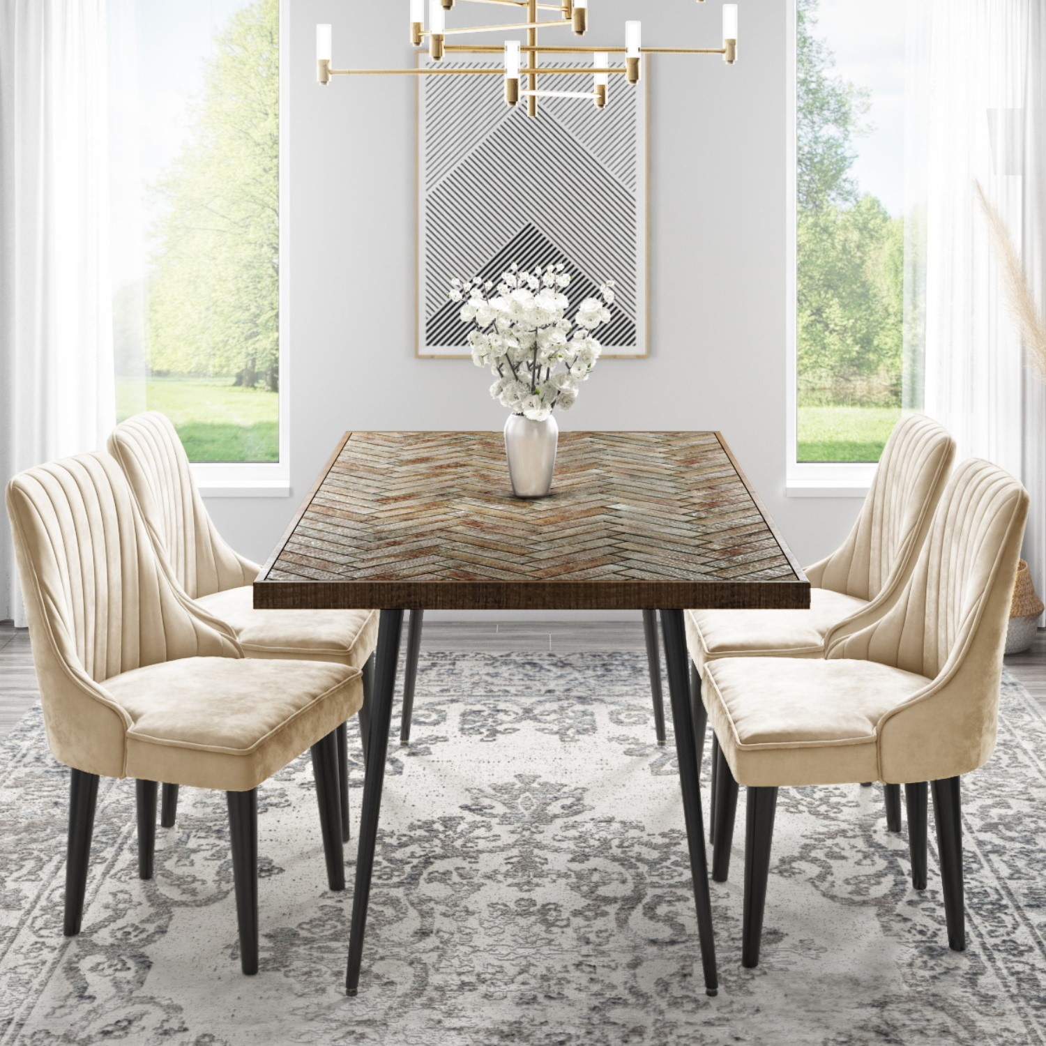 Arno Herringbone Dining Table with 4 Beige Velvet Dining Chairs ...