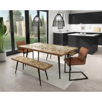 Herringbone Large Dining Table with 2 Tan Leather Dining Chairs and 2 Herringbone Dining Benches