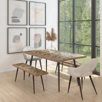 Herringbone Mango Wood Dining Table with 2 Matching Benches & 2 Beige Fabric Dining Chairs - Arno