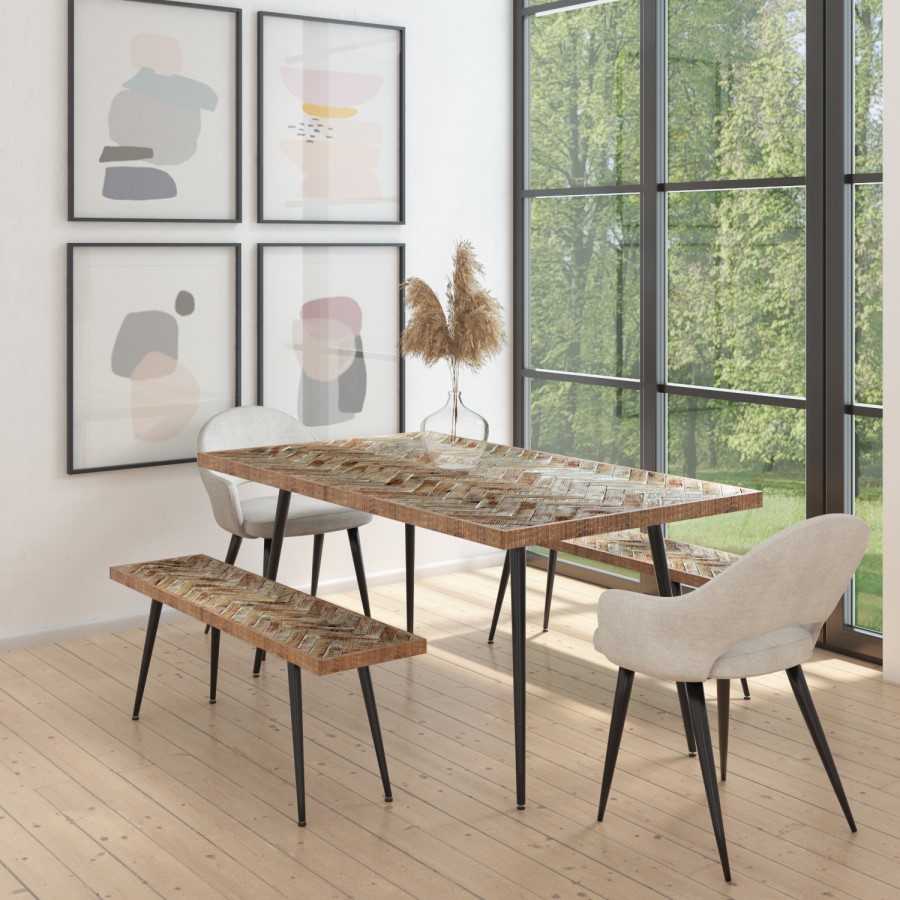 Herringbone Mango Wood Dining Table with 2 Matching Benches & 2 Beige Fabric Dining Chairs - Arno