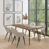 Herringbone Dining Table with 4 Beige Fabric Dining Chairs - Arno