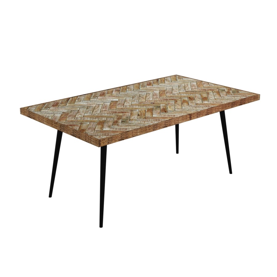Herringbone Dining Table with 4 Beige Fabric Dining Chairs - Arno