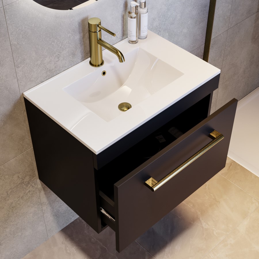 600mm Black Wall Hung Vanity Unit with Basin and Brass Handle - Ashford