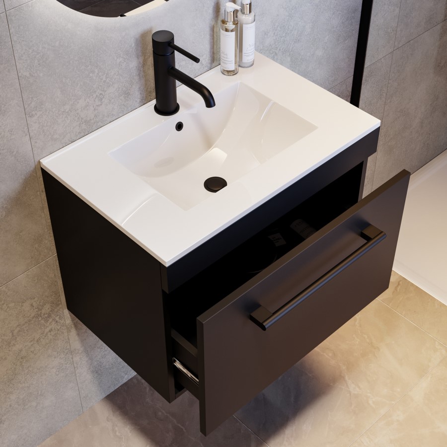 600mm Black Wall Hung Vanity Unit with Basin and Black Handle - Ashford