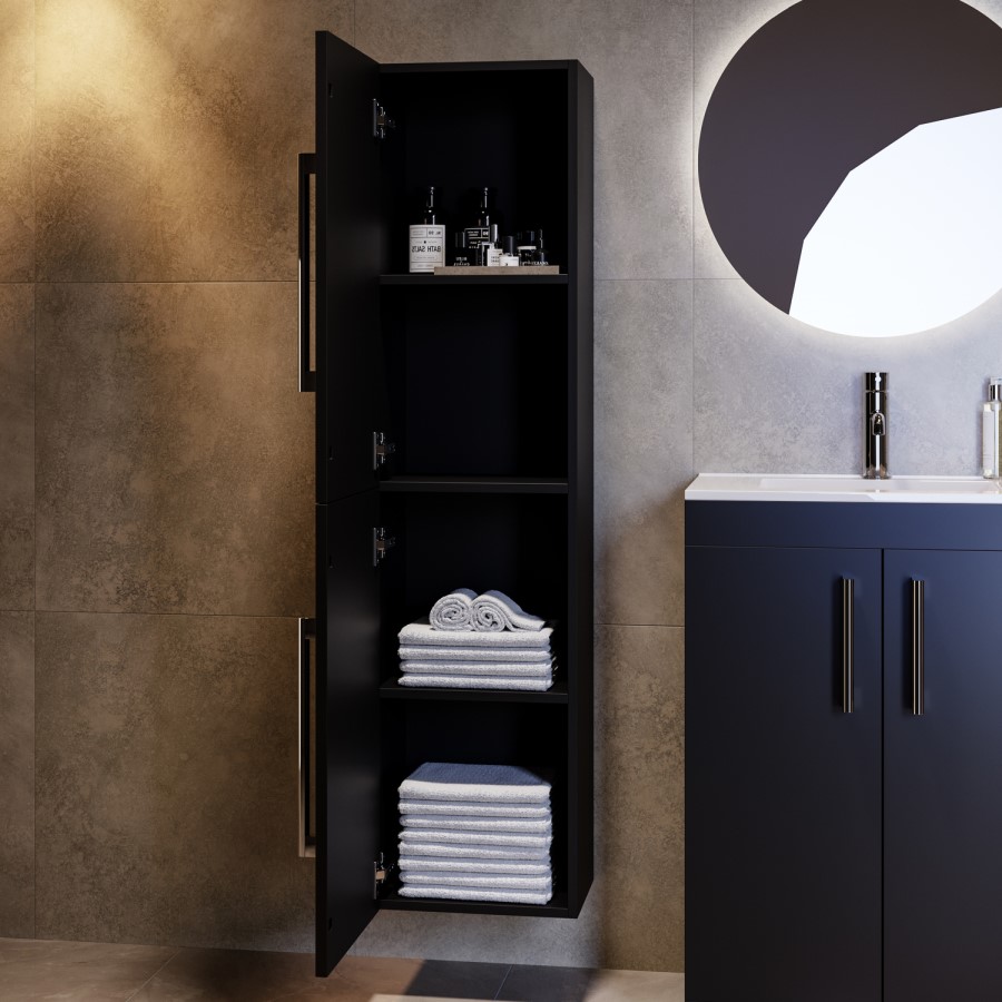 Double Door Black Wall Mounted Tall Bathroom Cabinet with Chrome Handles 350 x 1400mm - Ashford