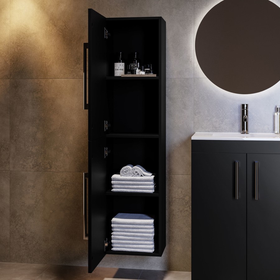 Double Door Black Wall Mounted Tall Bathroom Cabinet with Chrome Handles 350 x 1400mm - Ashford