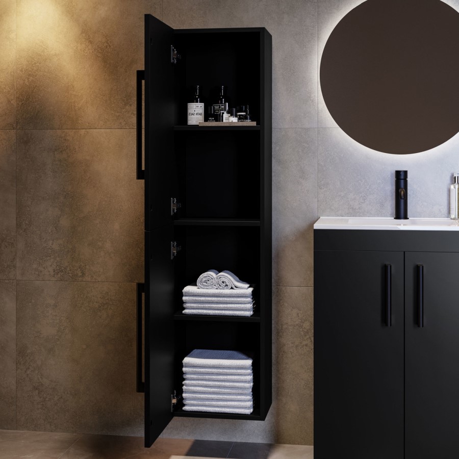 Double Door Black Wall Mounted Tall Bathroom Cabinet with Black Handles 350 x 1400mm - Ashford
