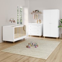 White and Wood Nursery Furniture 3-Piece Set including Cot Bed Changing Table and Wardrobe - Astelle