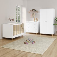 White and Wood Nursery Furniture 3-Piece Set including Cot Bed Changing Table and Wardrobe - Astelle White and Wood Nursery Furniture 3-Piece Set including Cot Bed Changing Table and Wardrobe - Astelle