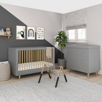 Grey Pine Wood Nursery Furniture 2-Piece Set including Convertible Cot Bed and Changing Table - Astelle