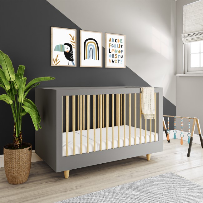 Grey Pine Wood Nursery Furniture 2-Piece Set including Convertible Cot Bed and Changing Table - Astelle