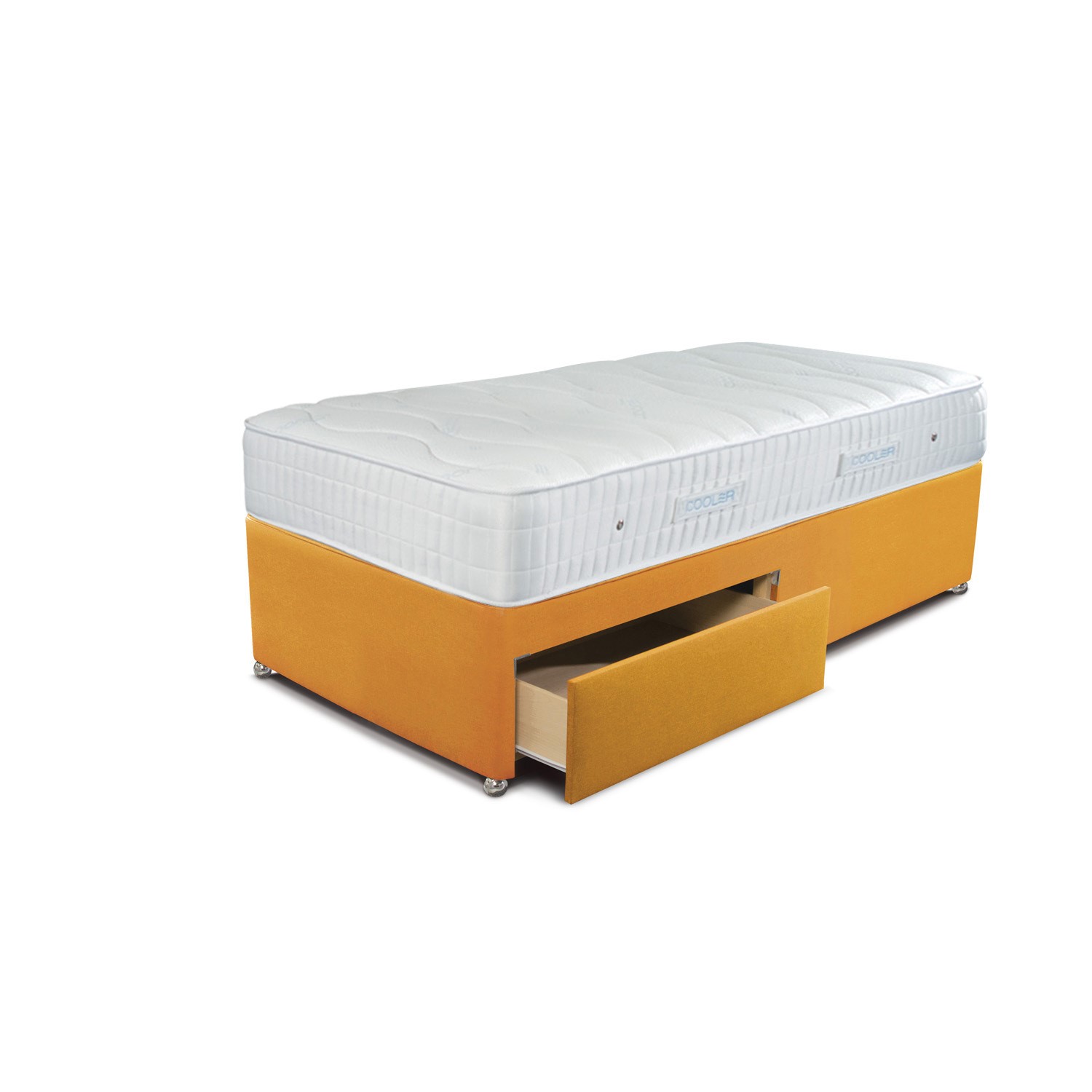 Photo of Sleepeezee single 2 drawer divan bed in tweed mustard with cooler pinnacle 1000 mattress