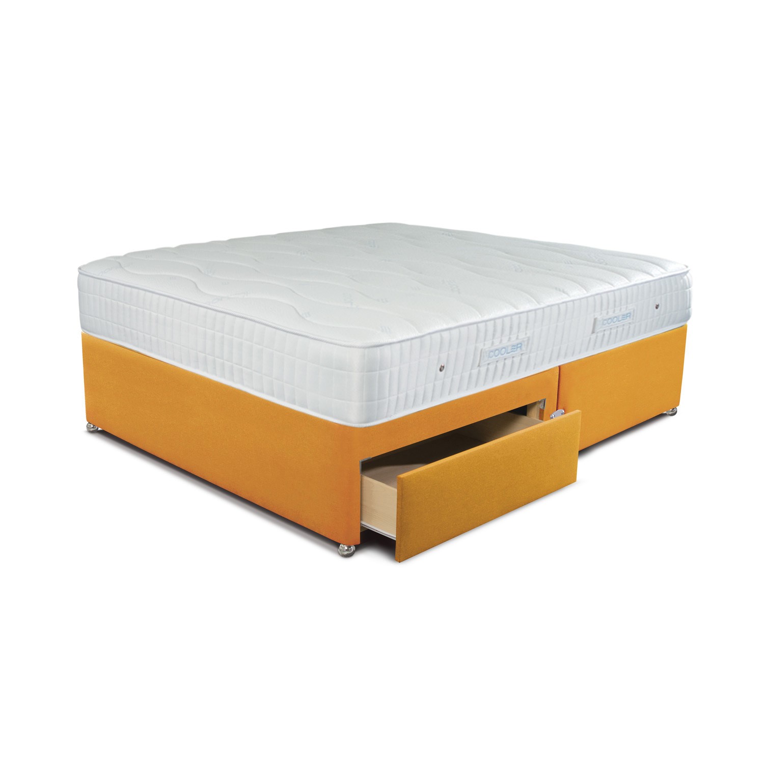Photo of Sleepeezee double 2 drawer divan bed in tweed mustard with cooler pinnacle 1000 mattress