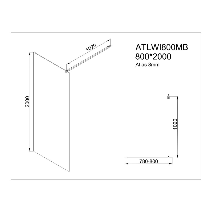 800mm Black Smoked Glass Shower Screen for Wet Room & Walk In Shower - Atlas