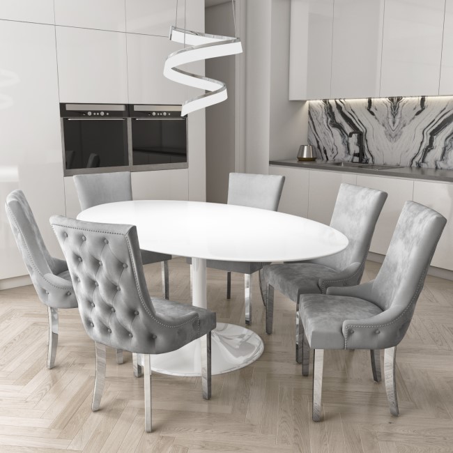 White Oval Dining Table with 6 Silver Buttoned Dining Chairs