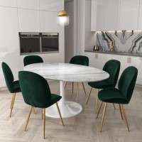 White Oval Pedestal Dining Table with 6 Dining Chairs in Green Velvet White Oval Pedestal Dining Table with 6 Dining Chairs in Green Velvet