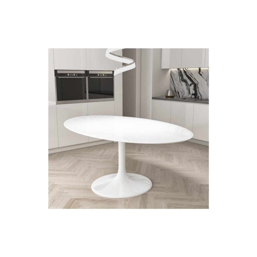 White Oval Pedestal Dining Table with 6 Dining Chairs in Green Velvet