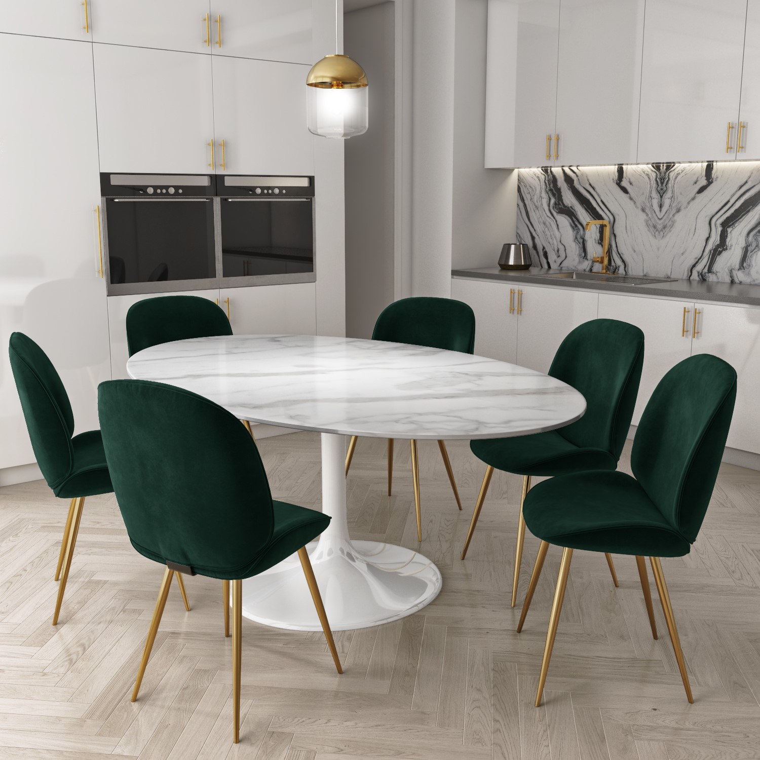 White Marble Oval Pedestal Dining Table With 6 Dining Chairs In Dark Green Furniture123