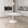White Marble Oval Pedestal Dining Table with 6 Dining Chairs in Dark Green