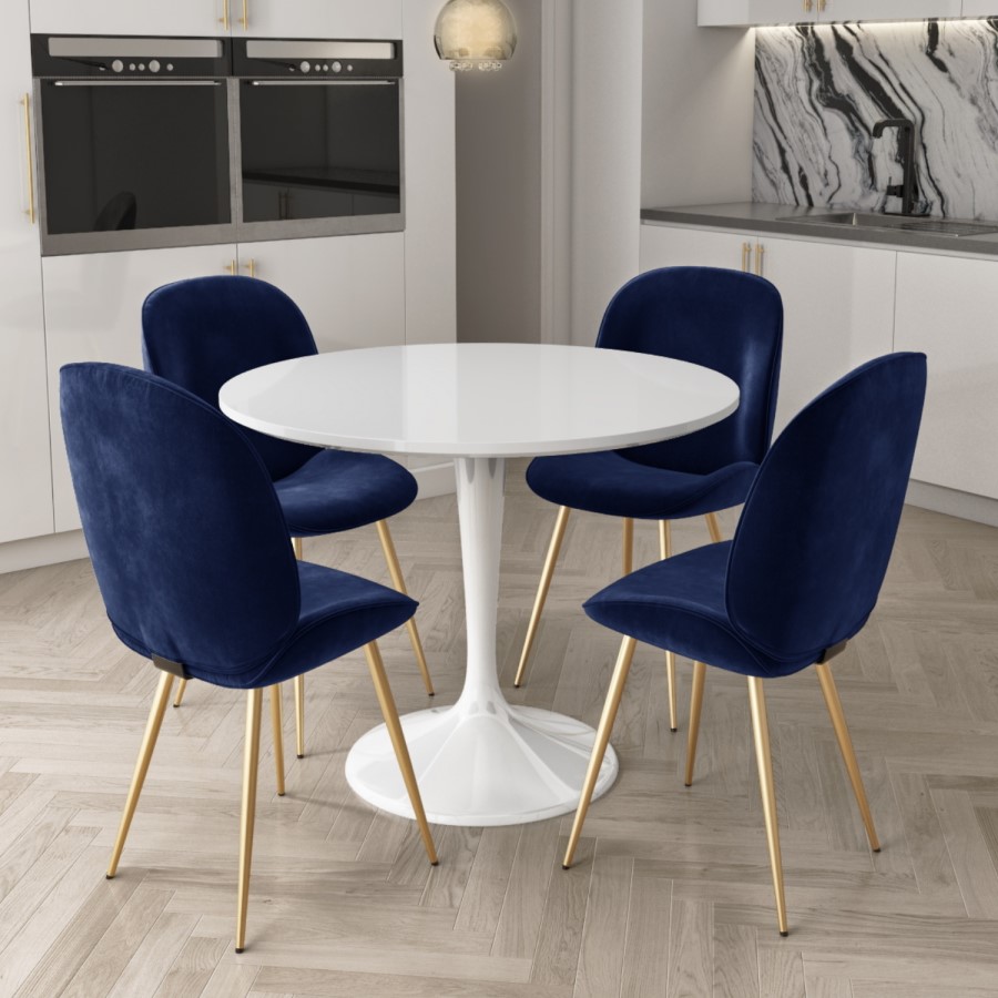White Round High Gloss Dining Table with 4 Dining Chairs in Navy Blue Velvet
