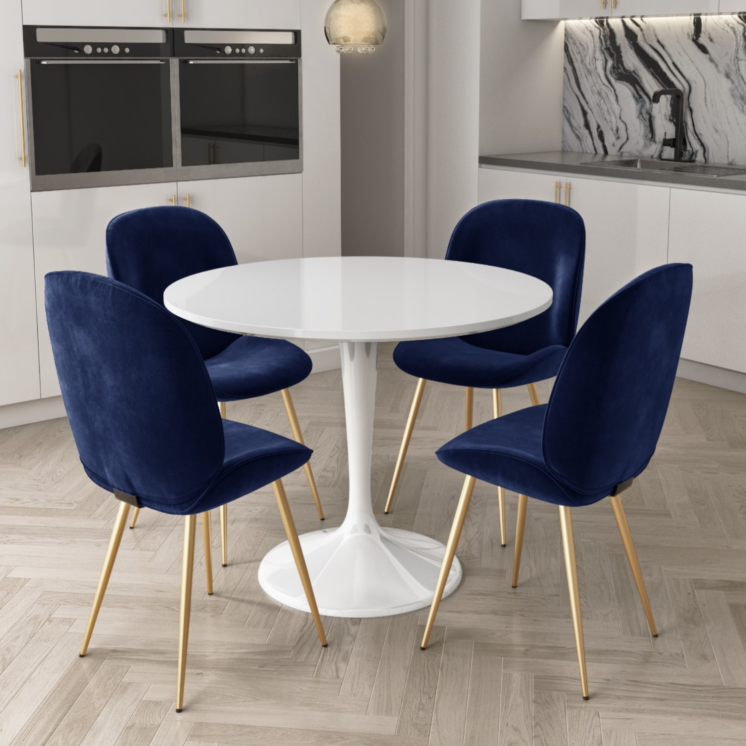White Round High Gloss Dining Table With 4 Dining Chairs In Navy Blue Velvet Furniture123
