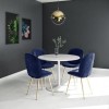 White Round High Gloss Dining Table with 4 Dining Chairs in Navy Blue Velvet
