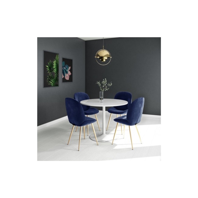 White Round High Gloss Dining Table with 4 Dining Chairs in Navy Blue Velvet