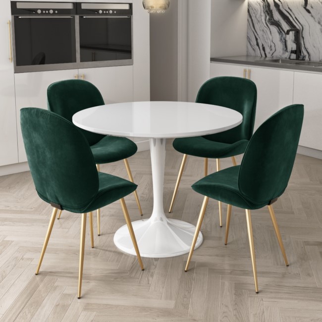 Aura White Round High Gloss Dining Table with 4 Dark Green Velvet Dining Chairs